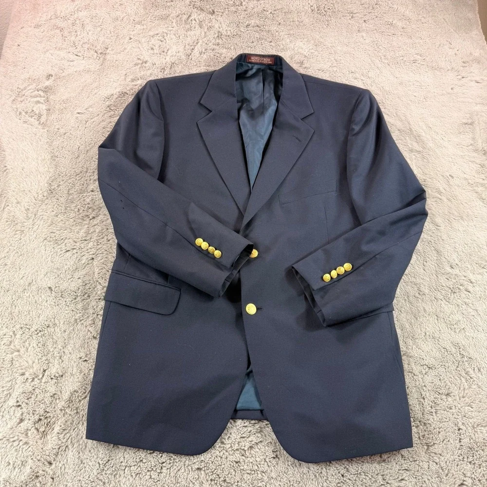 Nordstrom Mens‎ Navy Blue 100% Wool 2-Button Blazer Gold Crest Buttons 43R USA